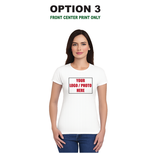 Ladie's Custom White T-Shirt – Personalised Logo or Text – Front & Back Print – Proof Before Printing – HTV Print UK
