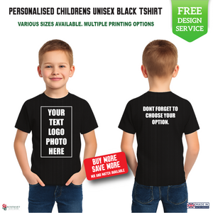 Children's Custom Black T-Shirt – Personalised Logo or Text – Front & Back Print – Proof Before Printing – HTV Print UK