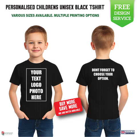 Children's Custom Black T-Shirt – Personalised Logo or Text – Front & Back Print – Proof Before Printing – HTV Print UK