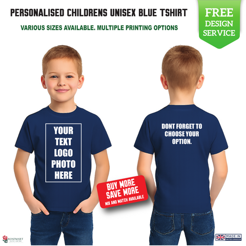 Children's Custom Blue T-Shirt – Personalised Logo or Text – Front & Back Print – Proof Before Printing – HTV Print UK