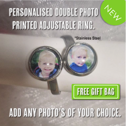 Personalised adjustable dual photo printed stainless steel keepsake ring