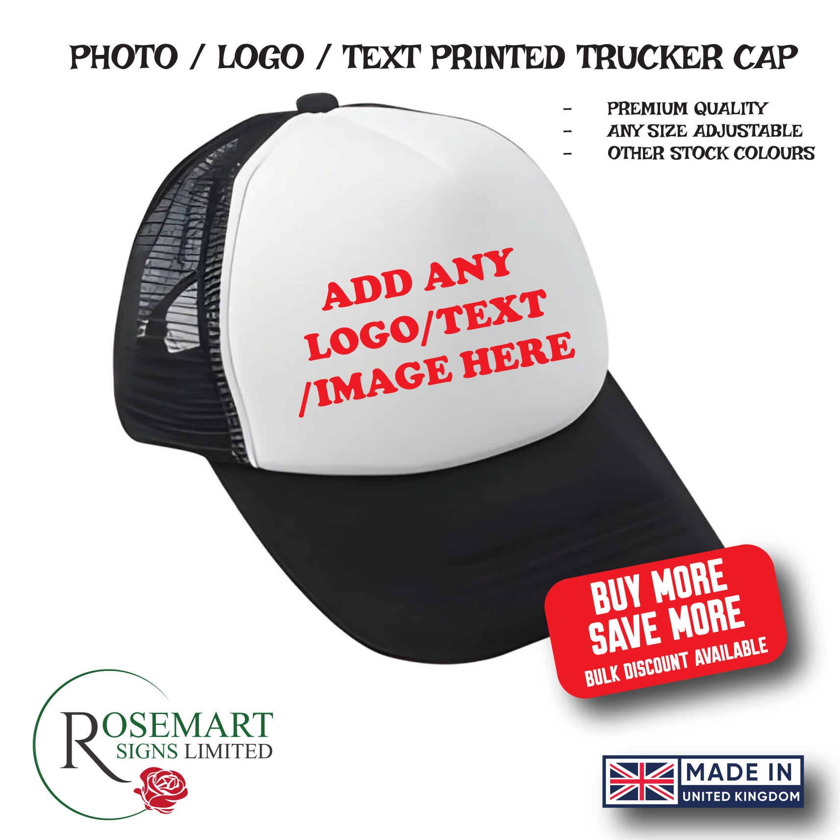 PERSONALISED WHITE / BLACK TRUCKER CAP ~ ANY TEXT / LOGO / IMAGE PRINTED. One size Adult