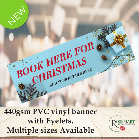 Personalised outdoor Book now for christmas PVC vinyl banner. Cafe Bar Restaurant banner