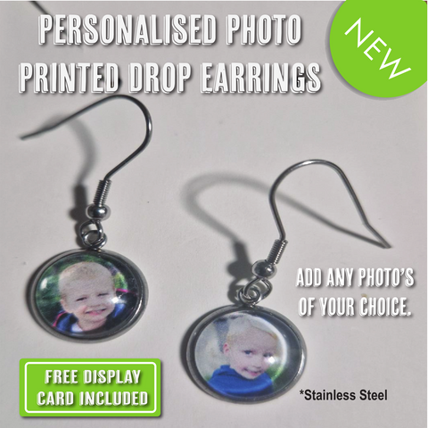 Personalised keepsake photo printed stainless steel drop round earrings