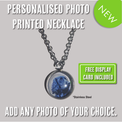 Personalised keepsake photo printed round projection necklace. Stainless steel silver
