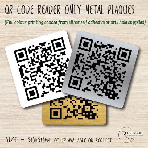 Personalised QR reader code social media metal plaques.