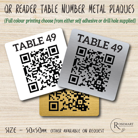 Personalised QR code restaurant table ordering number metal plaques.