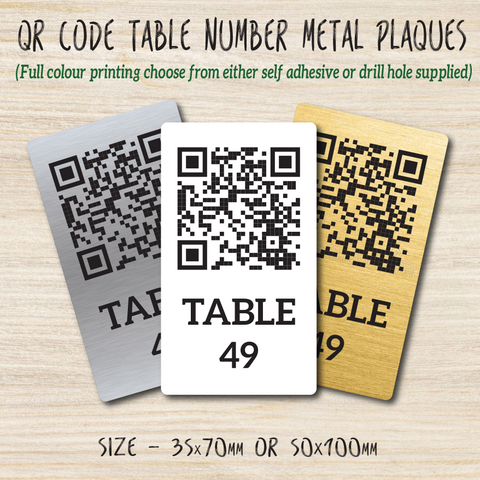 Personalised portrait QR code restaurant table ordering number metal table plaques.