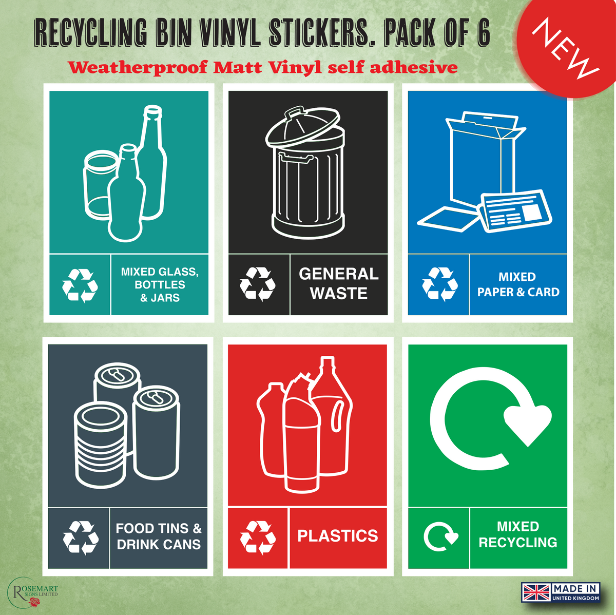 Mixed Recycling Bin Sticker sign pack. Pack of 6 – Rosemart signs Limited
