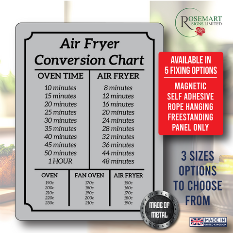 Air Fryer Conversion Chart Cooking Times Temp Oven Kitchen Satin silver Sign plaque