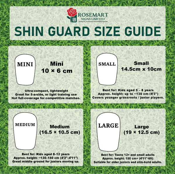 Shin guard size guide with Rosemart Signs Limited branding on a grass background