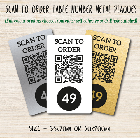 Personalised Portrait QR code restaurant table ordering number metal sign plaques.