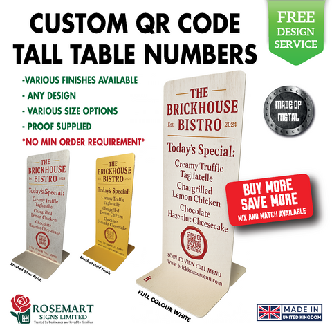 Rosemart Signs Full Colour Custom Tall Table Number Plaques – Café, Bar & Restaurant Signs | QR Code Option | Waterproof Aluminium