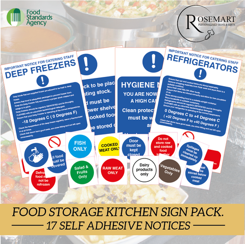 Food Storage kitchen & catering safety sticker sign pack. 17 notices