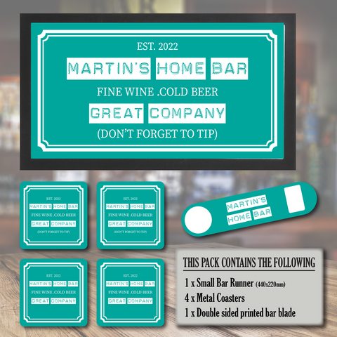 Peronalised Home bar runner, coaters and bottle opener gift bundle set