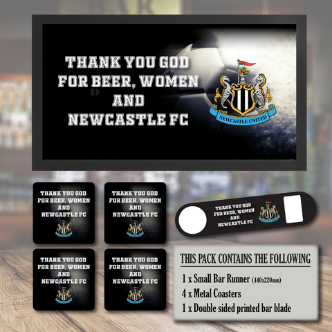 Peronalised football themed Home bar runner, coaters and bottle opener gift bundle set
