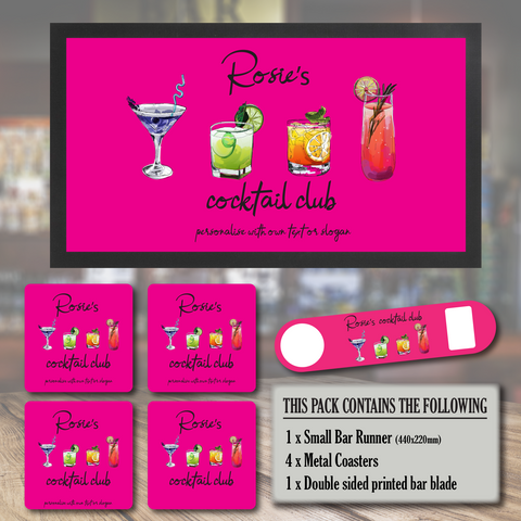 Peronalised Cocktail bar Home bar runner, coaters and bottle opener gift bundle set