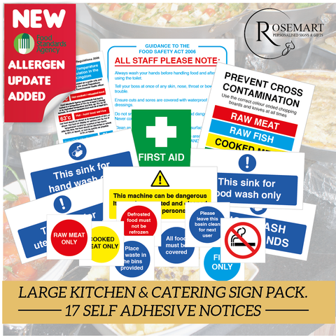 Large Kitchen and catering safety vinyl sticker sign pack, 17 notices