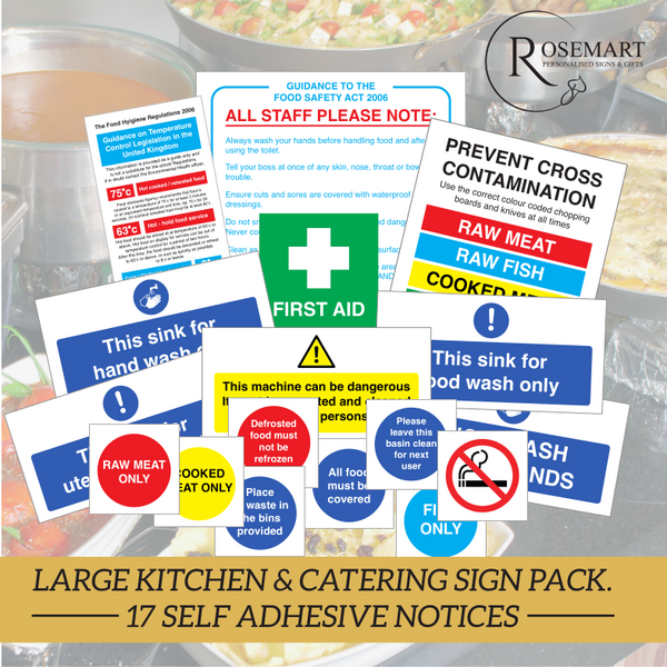 Large senior Kitchen and catering safety vinyl sticker sign pack, 17 notices 