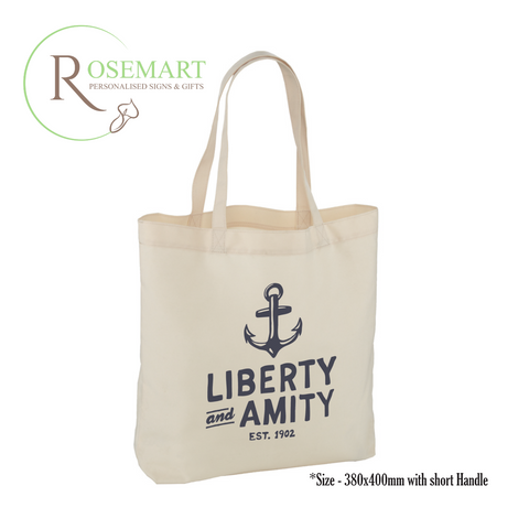Personalised Cream Canvas tote bag. 380x400mm size short handle