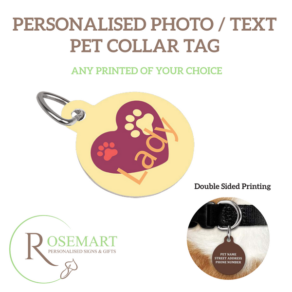 Personalised Pet Name ID collar Tag. Any Photo or Text Double sided
