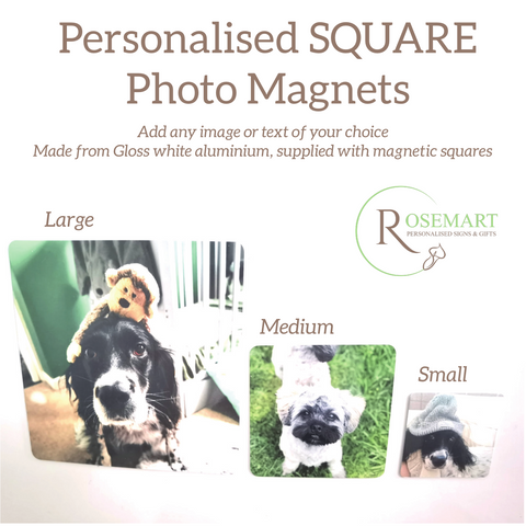 Personalised Square Metal Photo Magnets. 3 sizes available