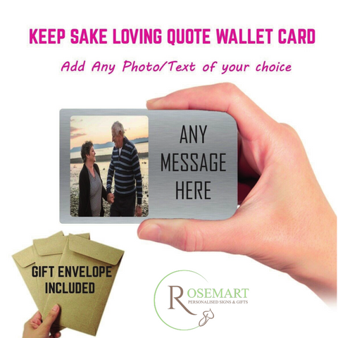 Personalised metal photo and text keepsake wallet card. SILVER