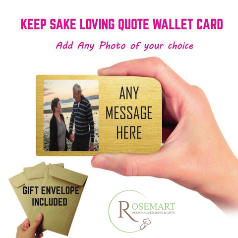Personalised metal photo and text keepsake wallet card.  GOLD