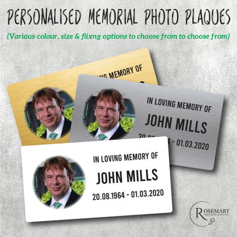 Personalised photo and text memorial bench wall metal outdoor grave plaque