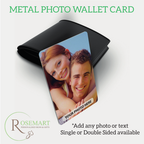 Personalised metal photo keepsake wallet card. Single sided