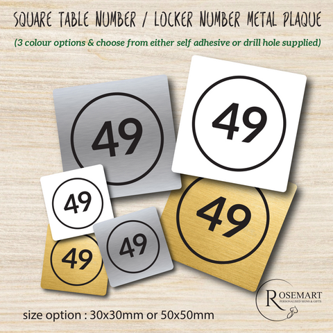 square restaurant printed metal table number / locker number plaque