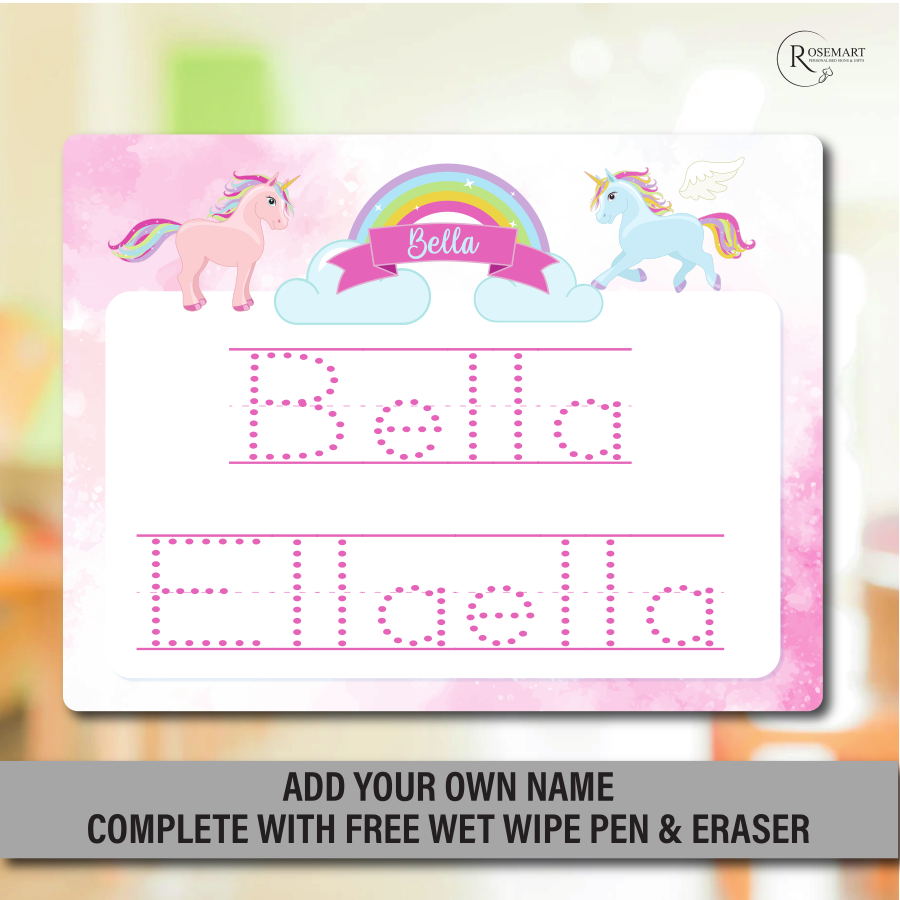 Personalised Children’s writing practice  Board with pen. Unicorn Design