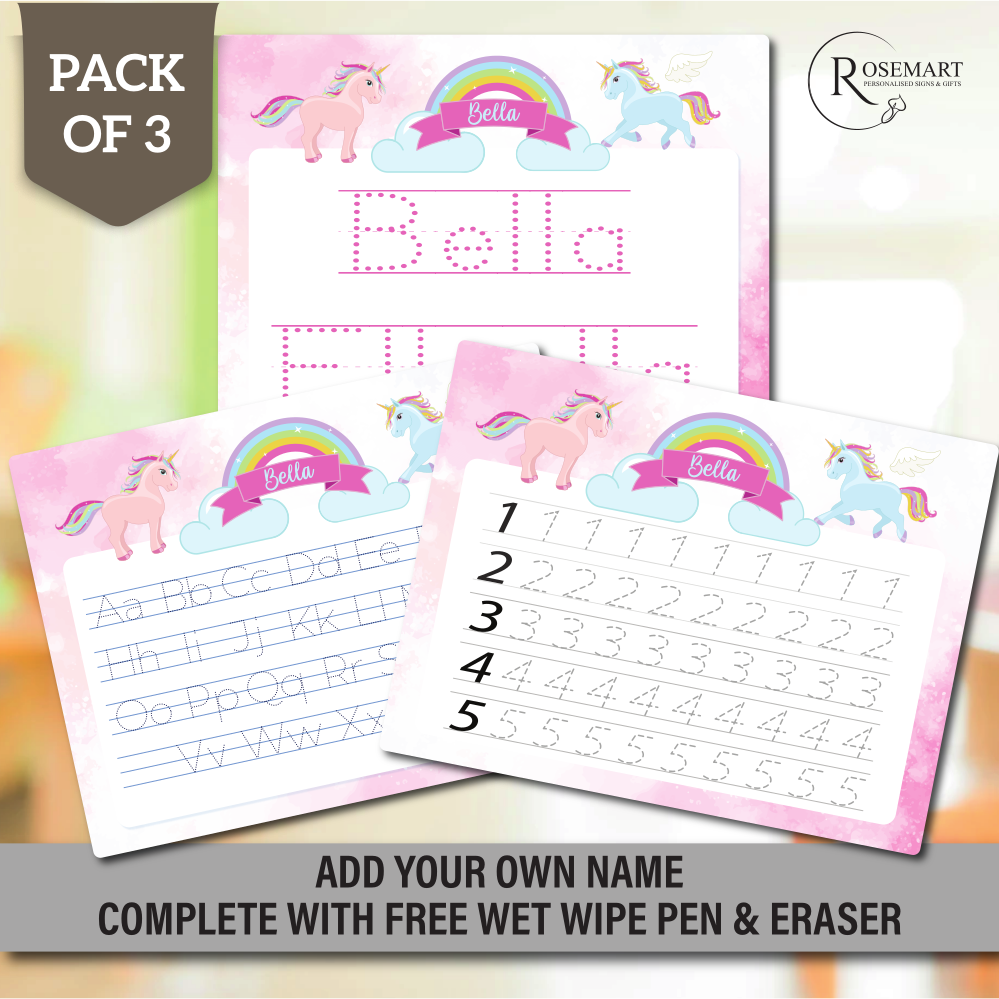 Personalised Children’s writing practice Boards with pen. Pack of 3. Unicorn design
