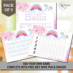 Personalised Children’s writing practice Boards with pen. Pack of 3. Unicorn design