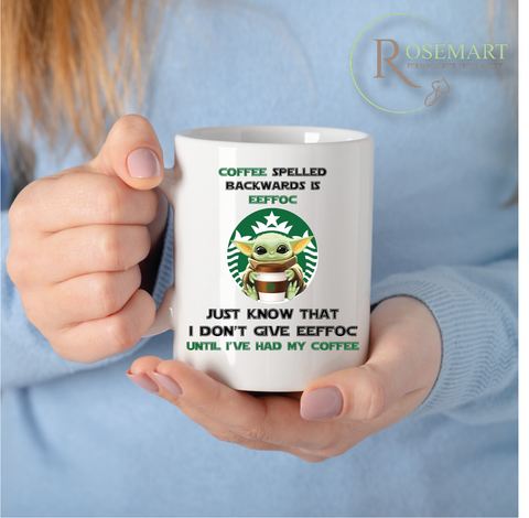 baby Yoda grogu Mug Spelled Backwards Is Eeffoc Funny White Coffee cup Mug Gift