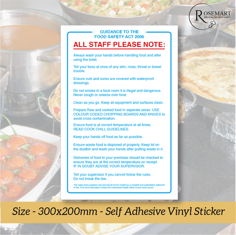 Food Safety Guidance Act 2006 kitchen catering safety vinyl sticker sign.