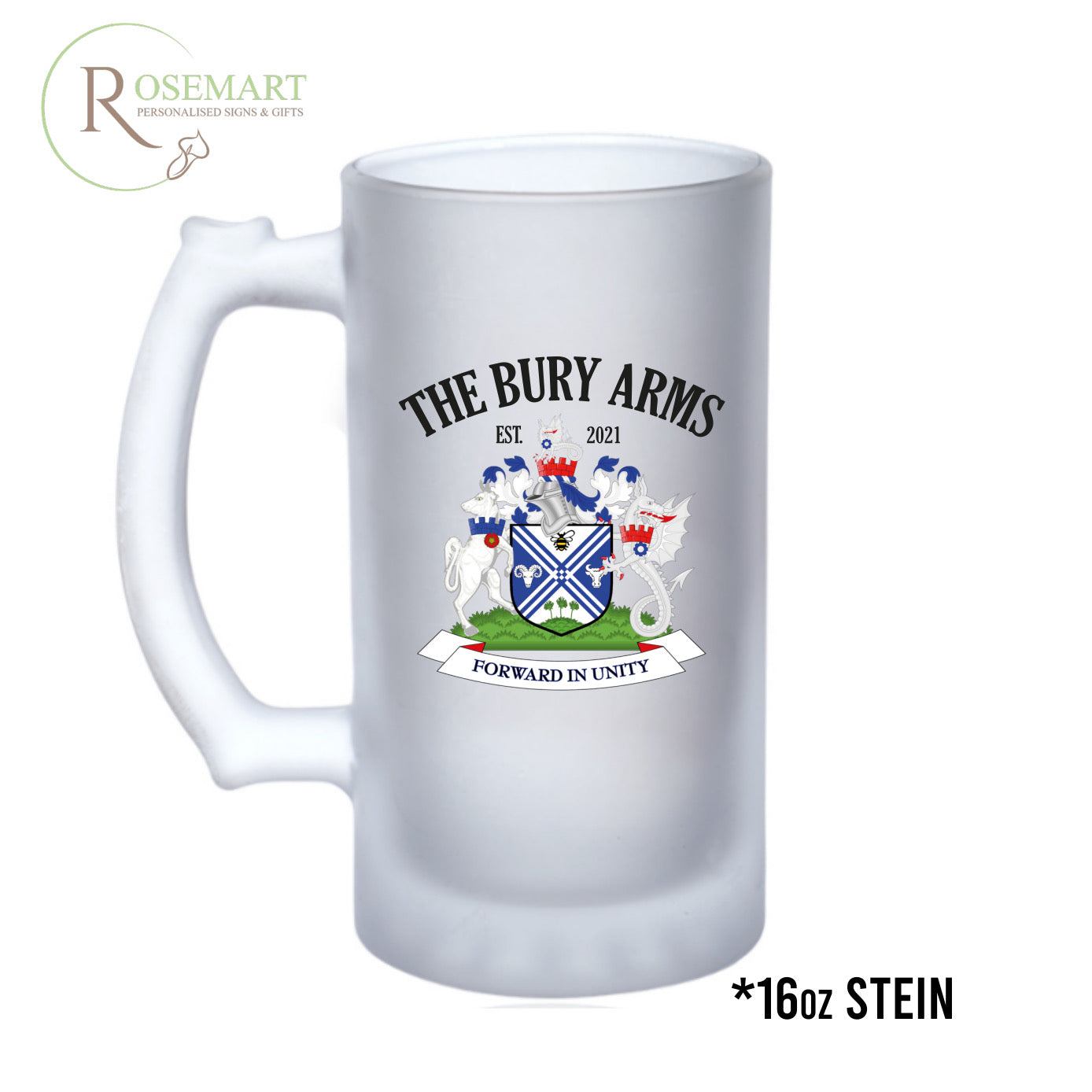 Personalised photo logo or text frosted beer glass stein. 16oz