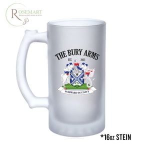 Personalised photo logo or text frosted beer glass stein. 16oz