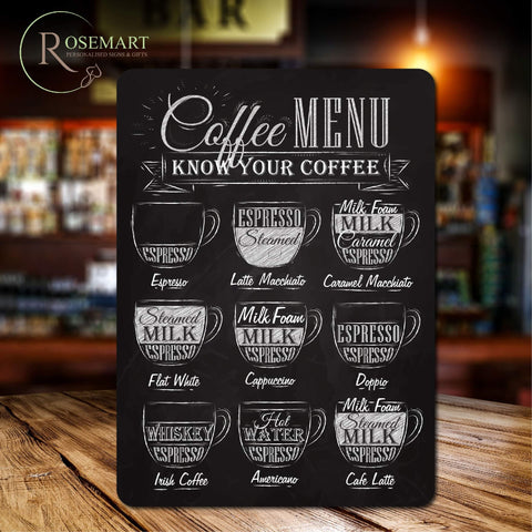 Coffee menu know your coffee metal sign plaque
